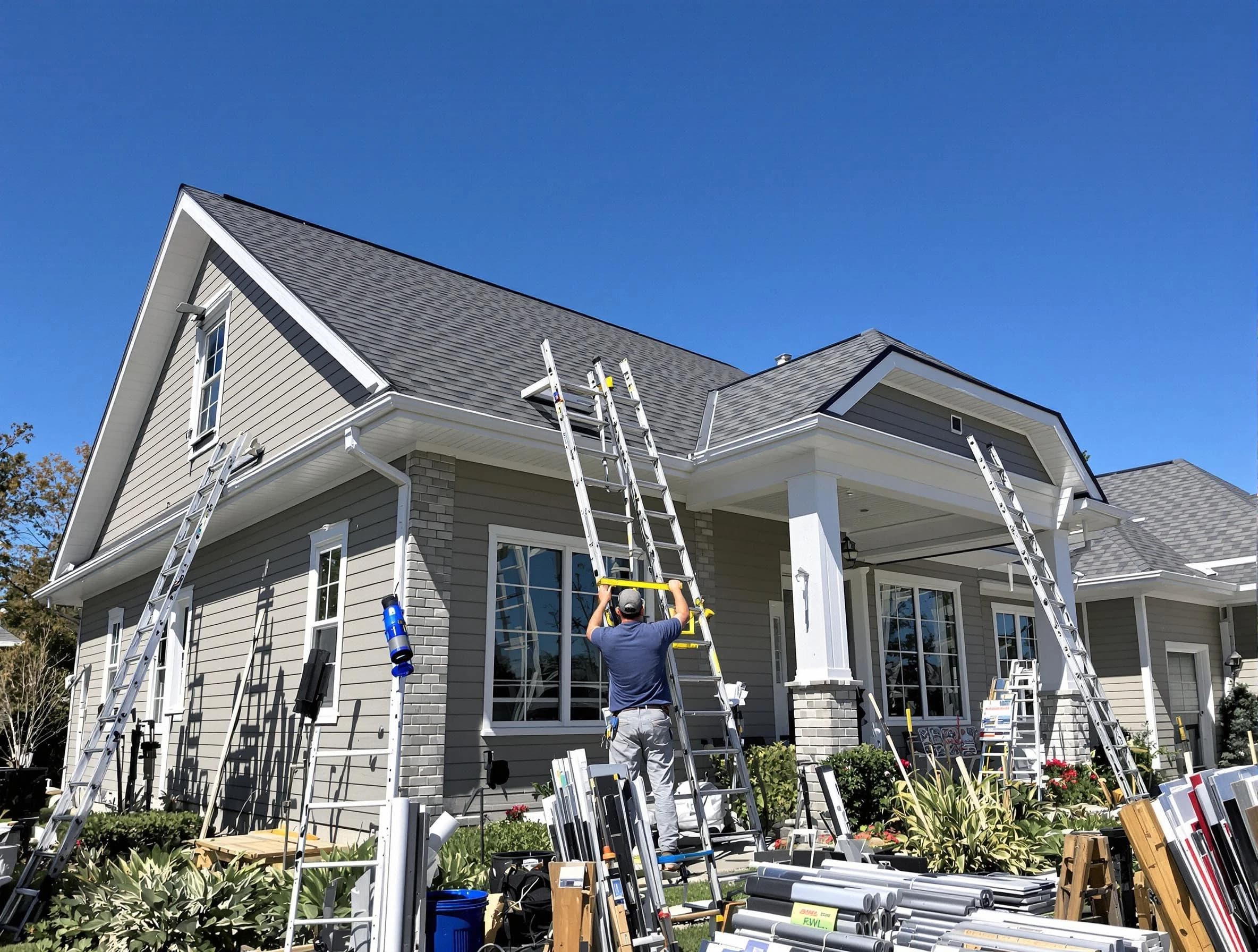 Parma Roofing Company fitting rain gutters at a home in Parma, OH
