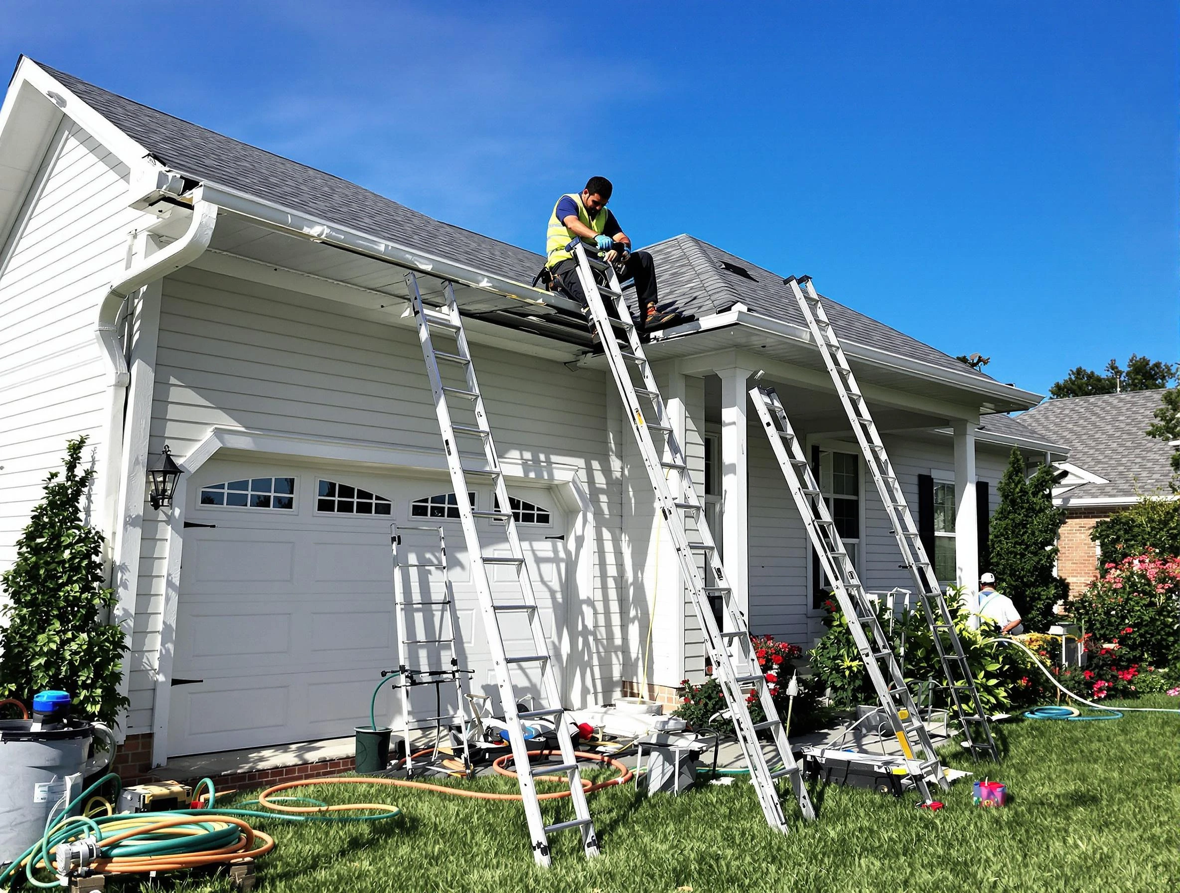 Removal of old gutters by Parma Roofing Company to install new system in Parma, OH