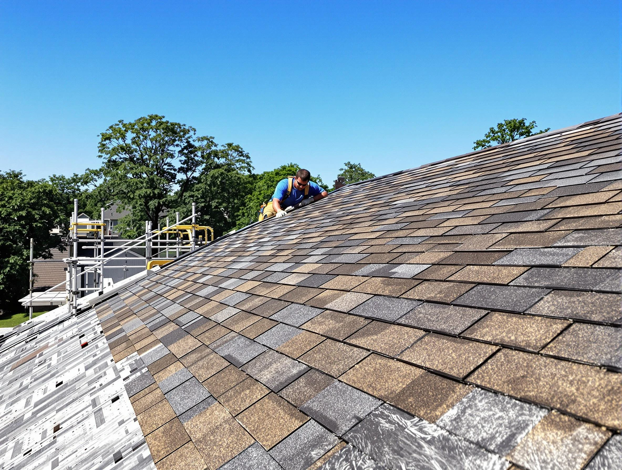 Close-up of new shingles installed by Parma Roofing Company in Parma, OH